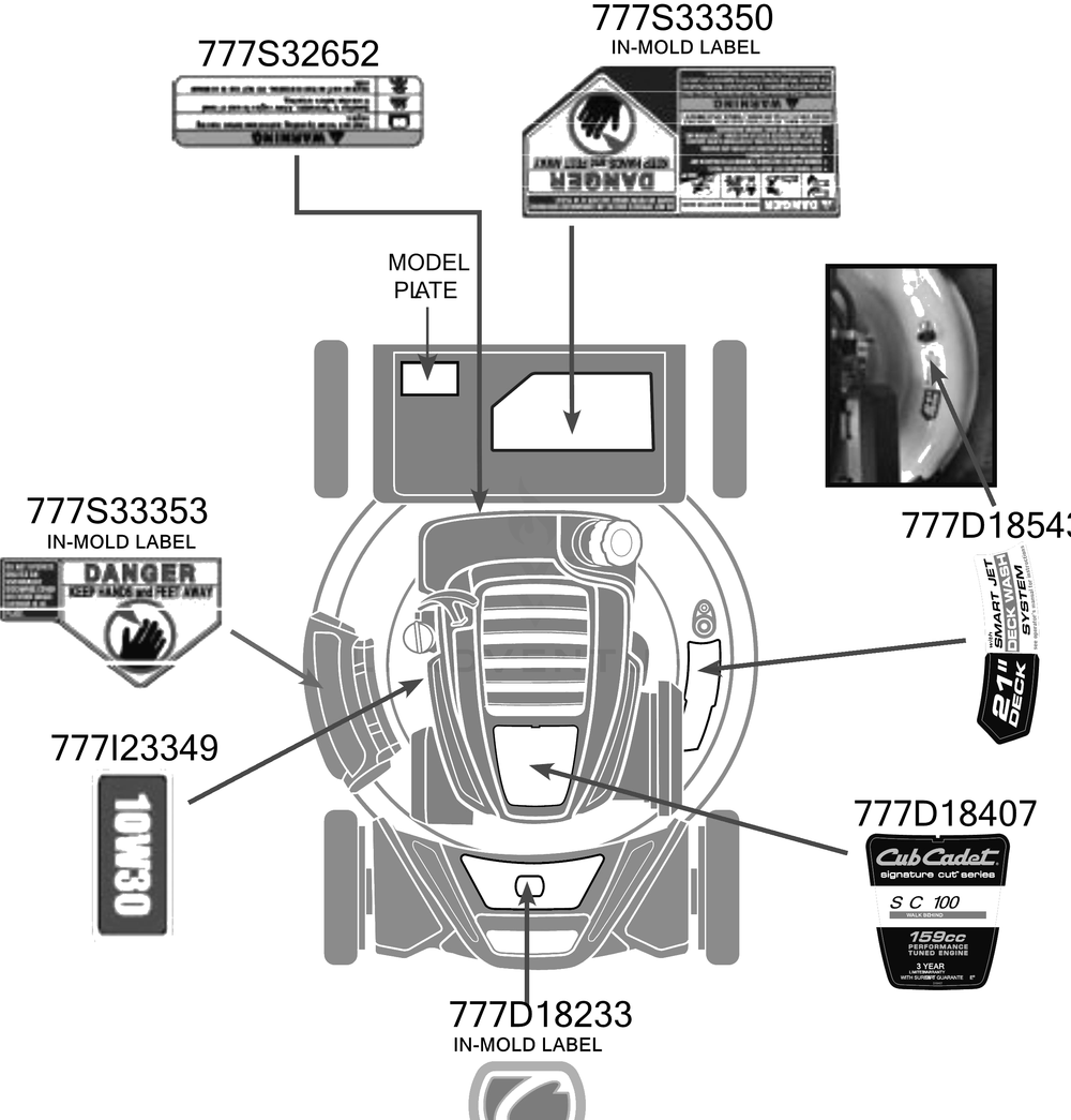 Label Map Diagram and Parts List for SC100 (11AA92J756)(2016) Cub Cadet Lawn Mower